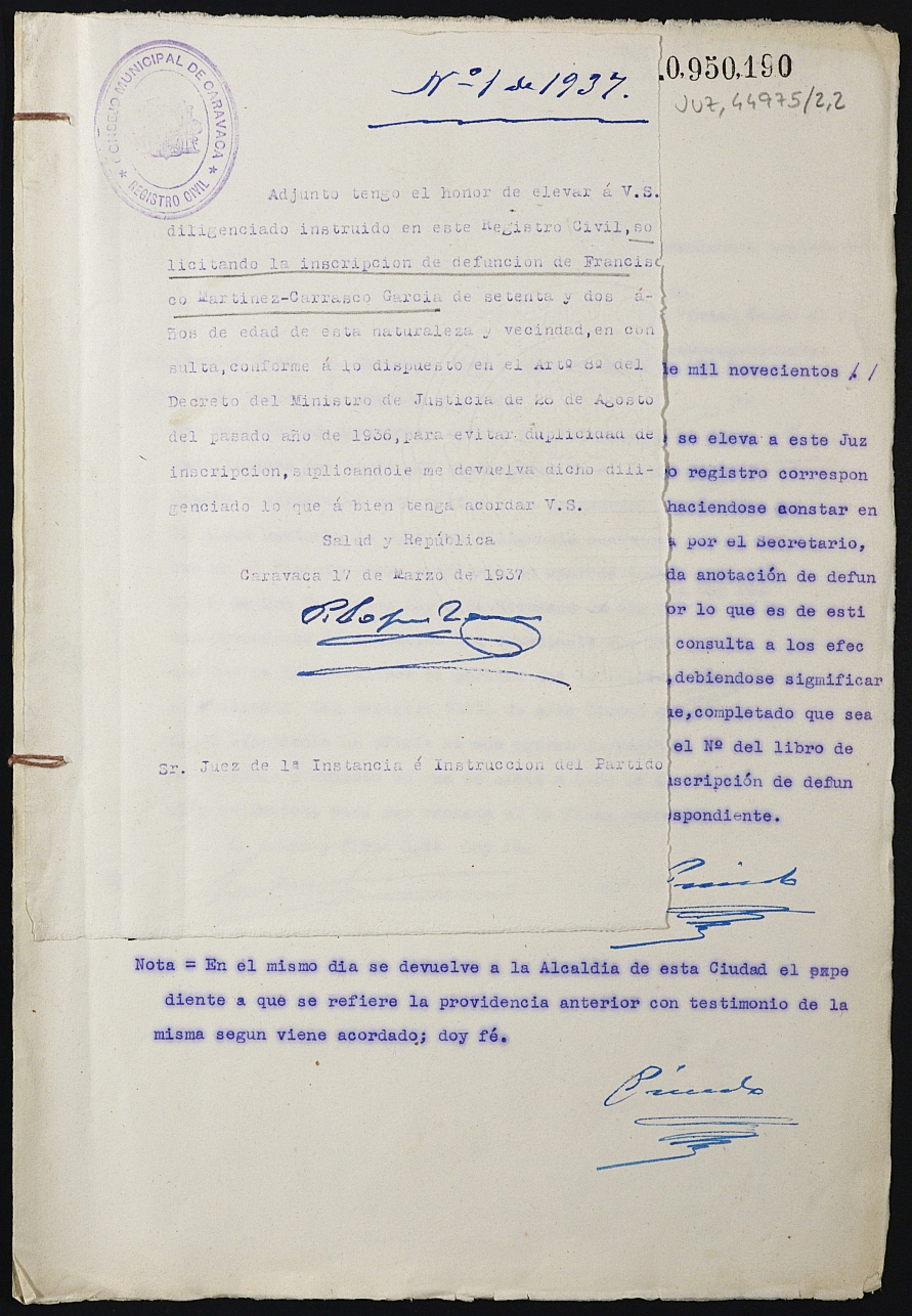 Expediente 1/1937 de inscripción de la defunción de Francisco Martínez-Carrasco García, vecino de Caravaca